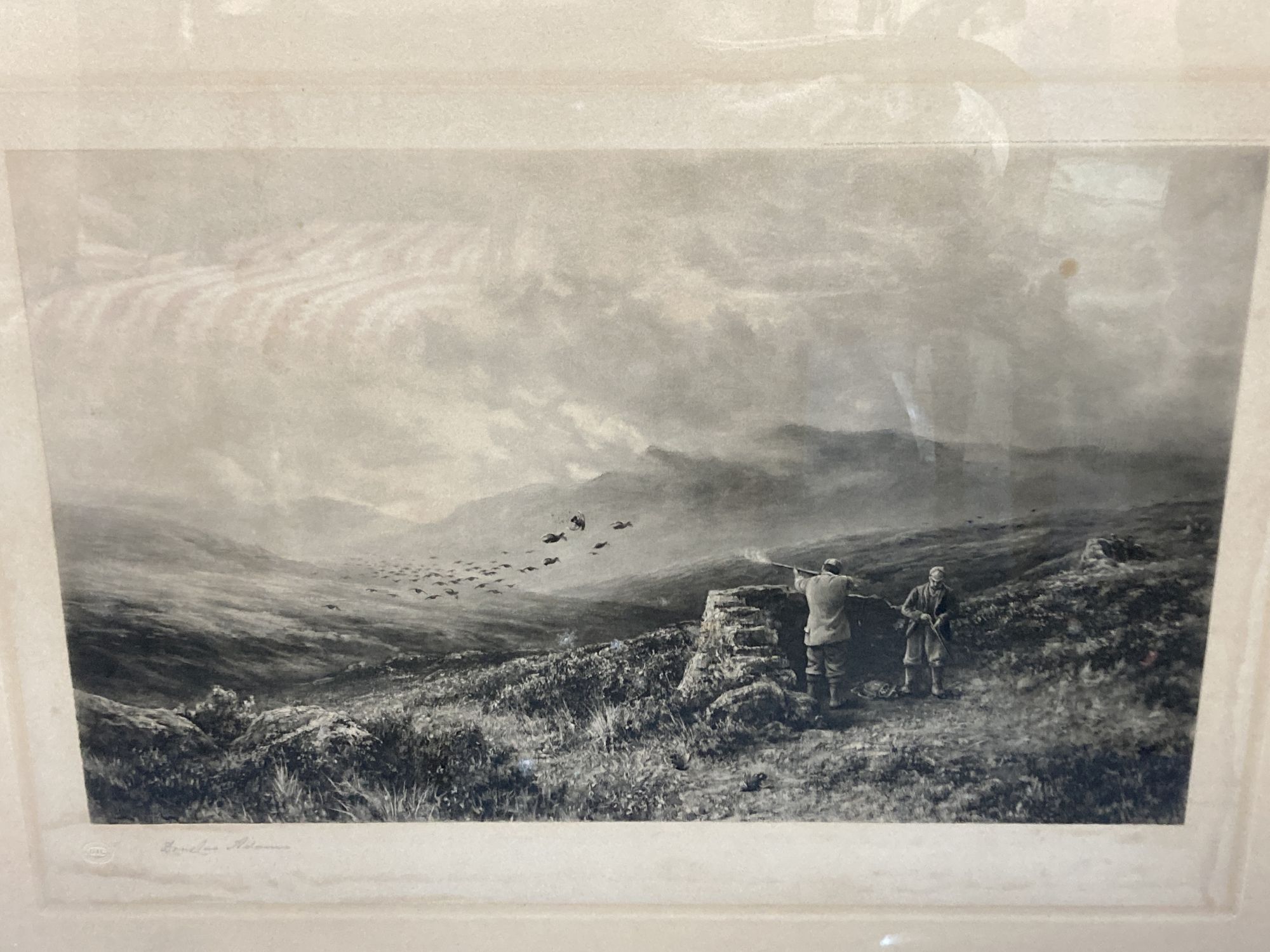 Archibald S. Worthey, photolithograph, Grouse Shooting, signed in pencil, 51 x 82cm, a similar pair of prints by Douglas Adams, 47 x 70